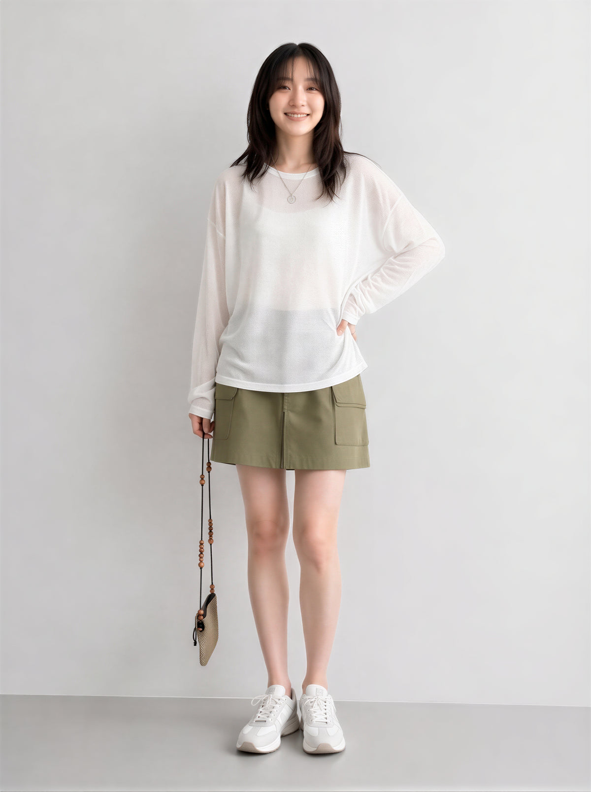 S~XL シアー重ね着 ルーズフィット 長袖Tシャツ