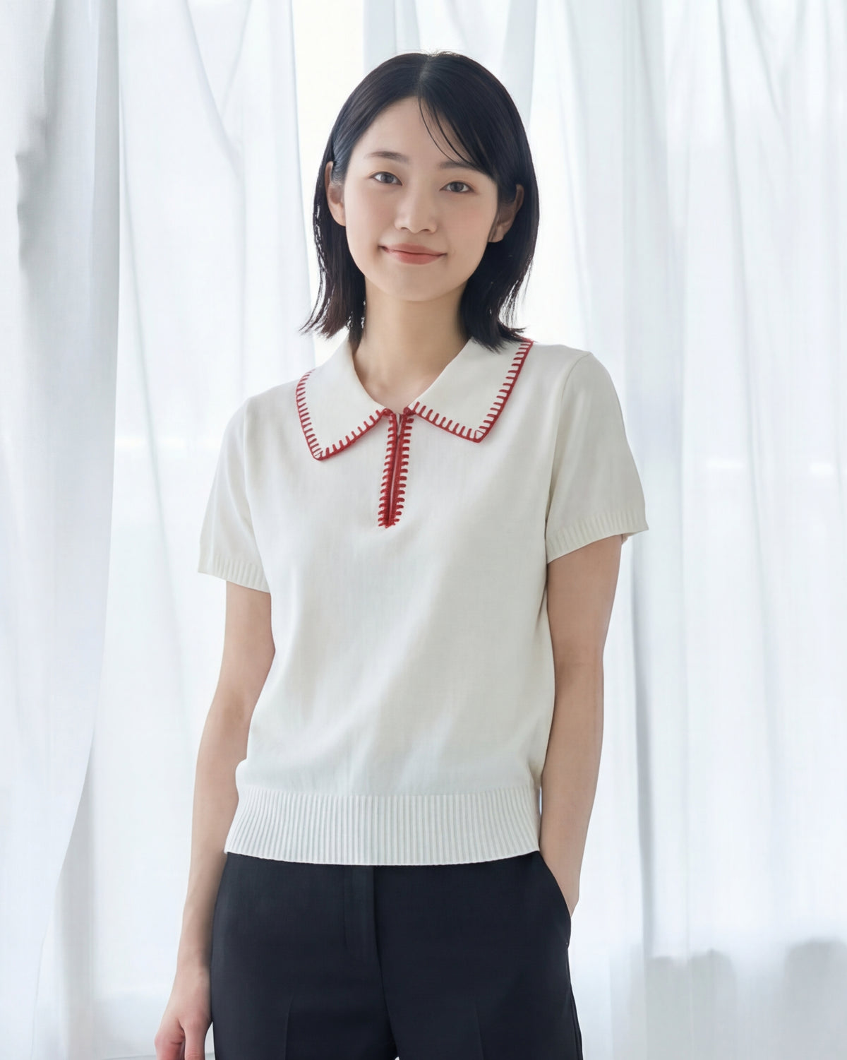 配色刺繍トリム ビッグカラー 半開きプルオーバーニット半袖