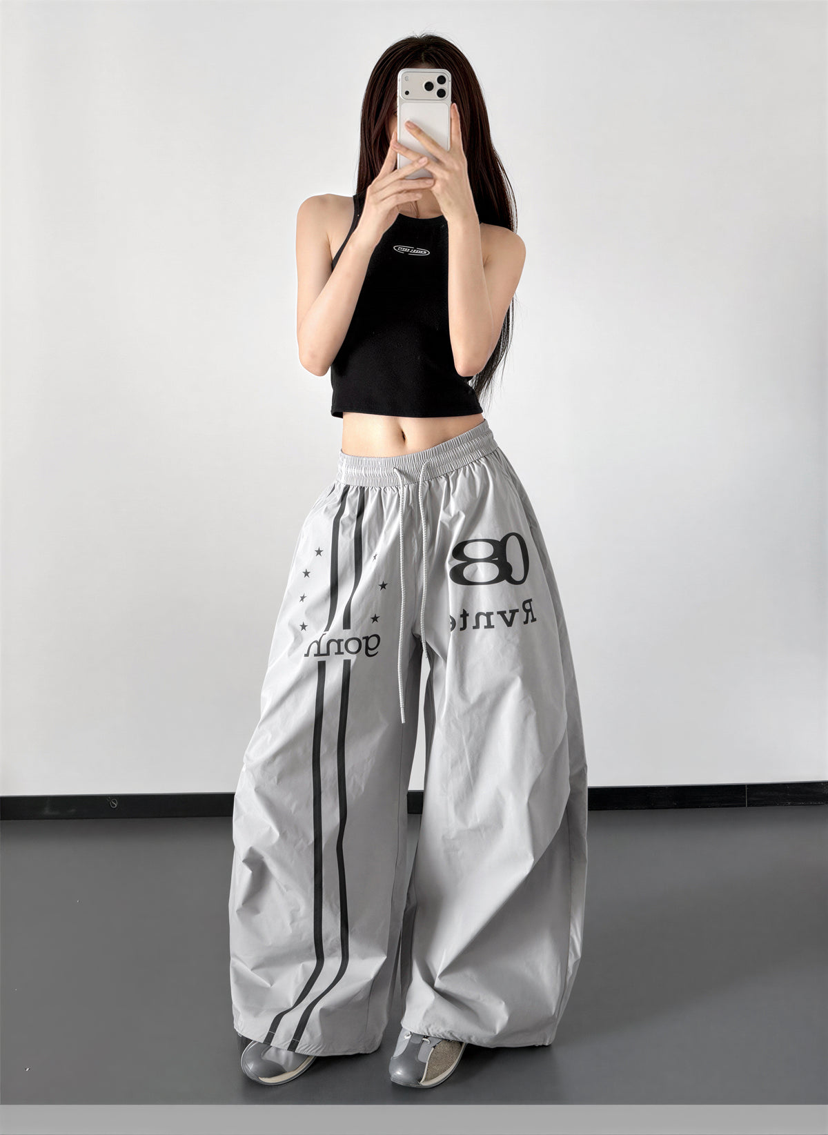 ドローストリング ハイウエスト ワイドシルエットパンツ