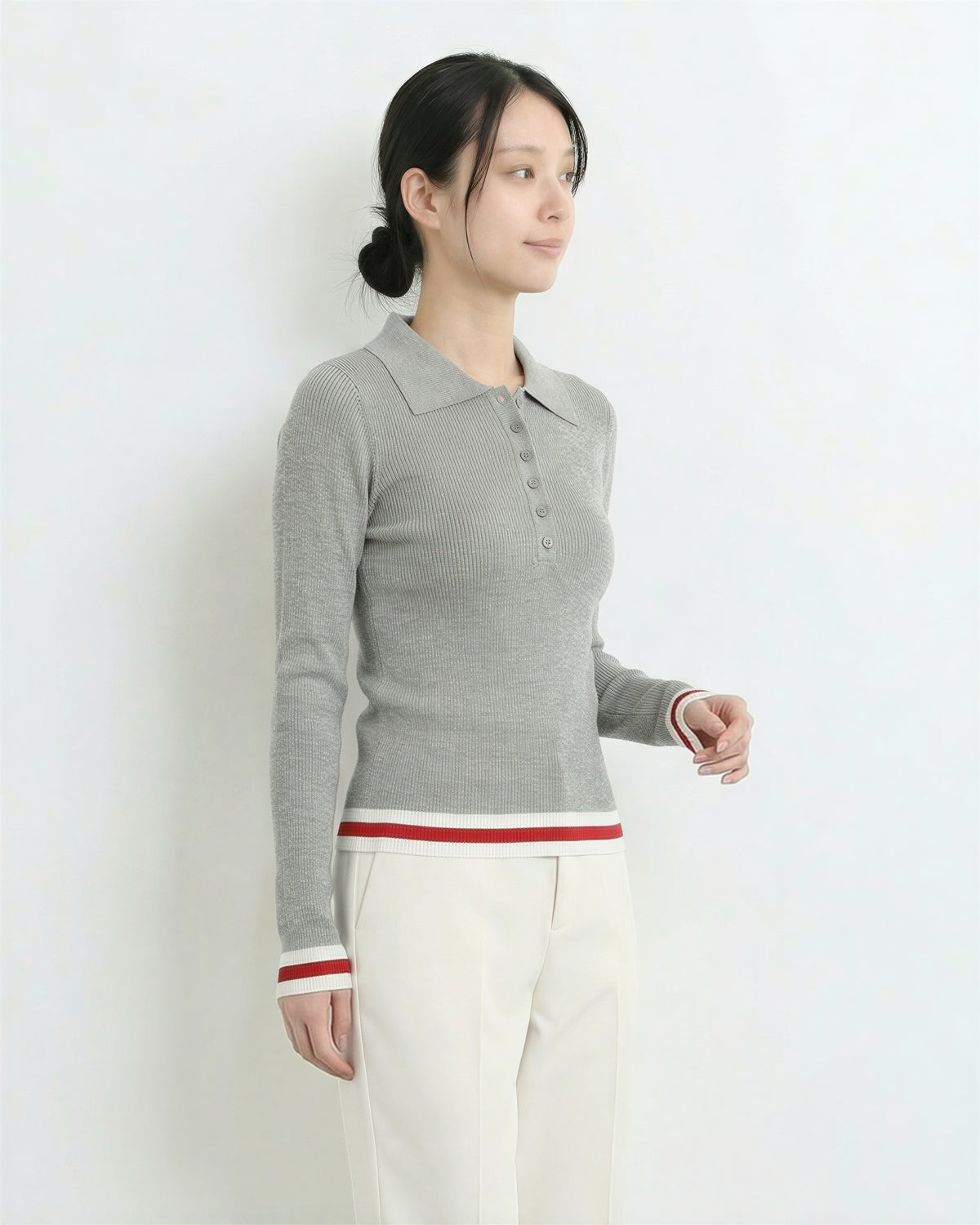 襟付き 前ボタン すっきりフィット 配色ボーダー ニットトップス