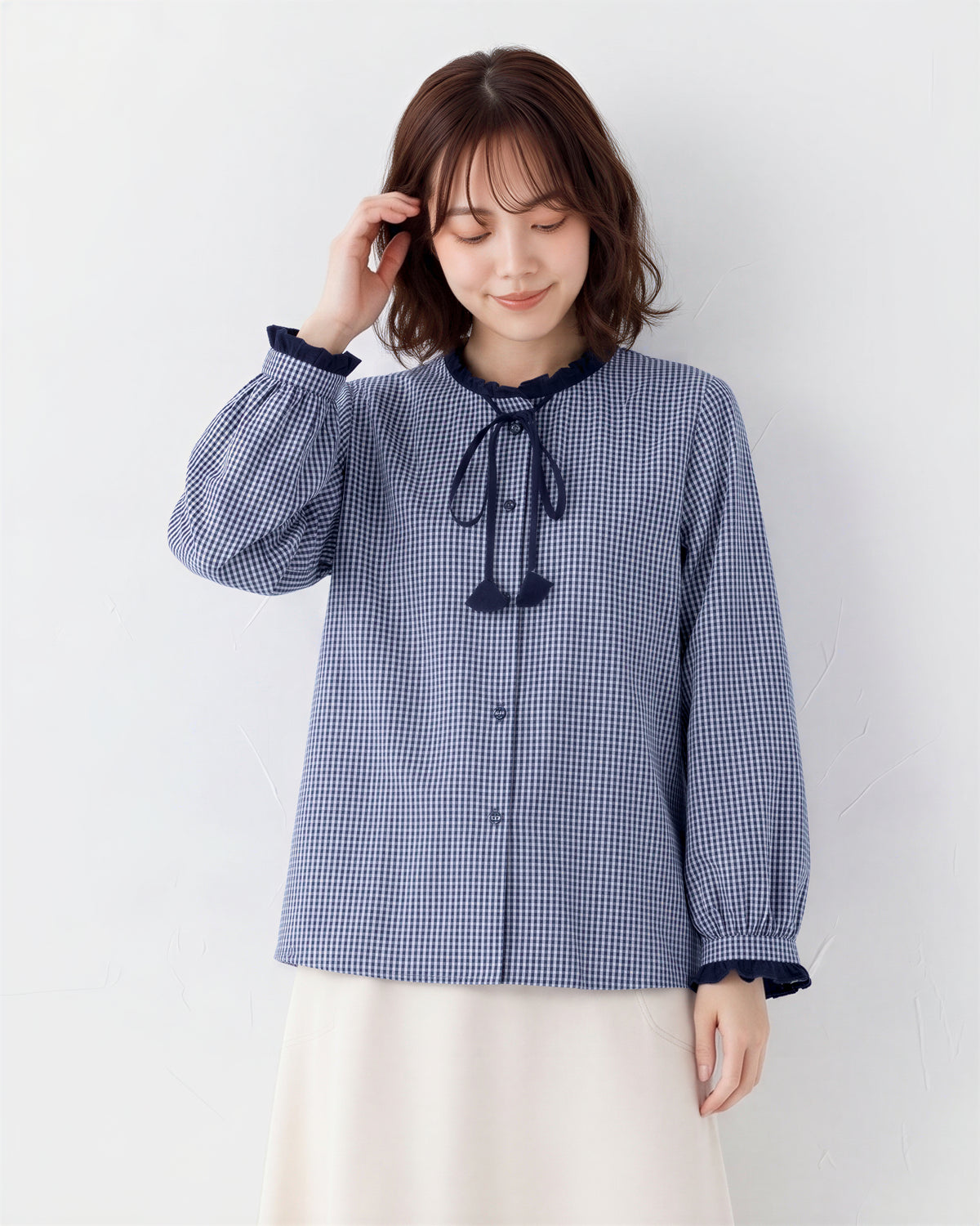 【秋新作】S~2XL フリルネックリボン付きチェックシャツ