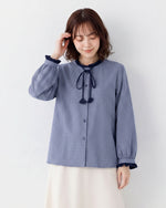【秋新作】S~2XL フリルネックリボン付きチェックシャツ