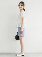 Vネック ウエストシェイプ パフスリーブ シフォンブラウス