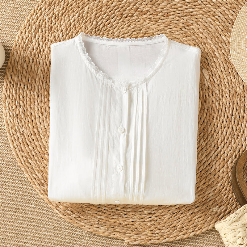 M~2XL レース切り抜き　スタンドカラーボタン留め　ゆったり半袖シャツ