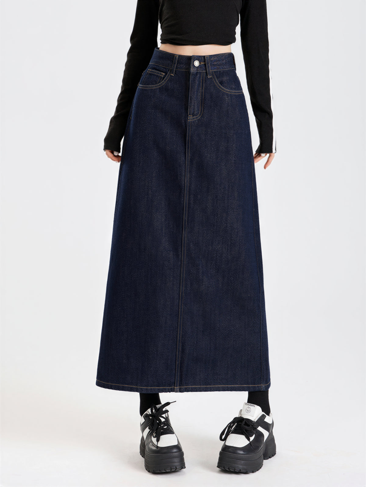 ハイウエスト スリット入り ストレート デニムスカート-ダークネイビー 01-2XL