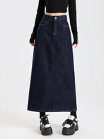 ハイウエスト スリット入り ストレート デニムスカート-ダークネイビー 01-2XL