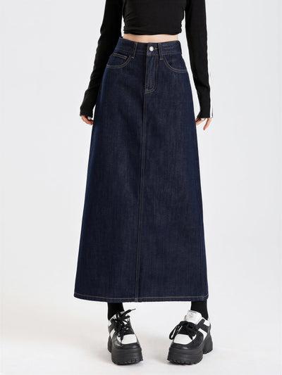 ハイウエスト スリット入り ストレート デニムスカート-ダークネイビー 01-2XL