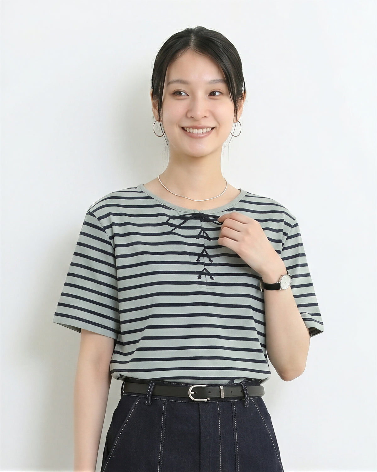 ボーダー リボン付き クルーネック 半袖Tシャツ