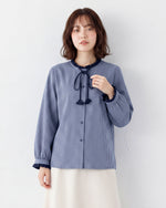 【秋新作】S~2XL フリルネックリボン付きチェックシャツ
