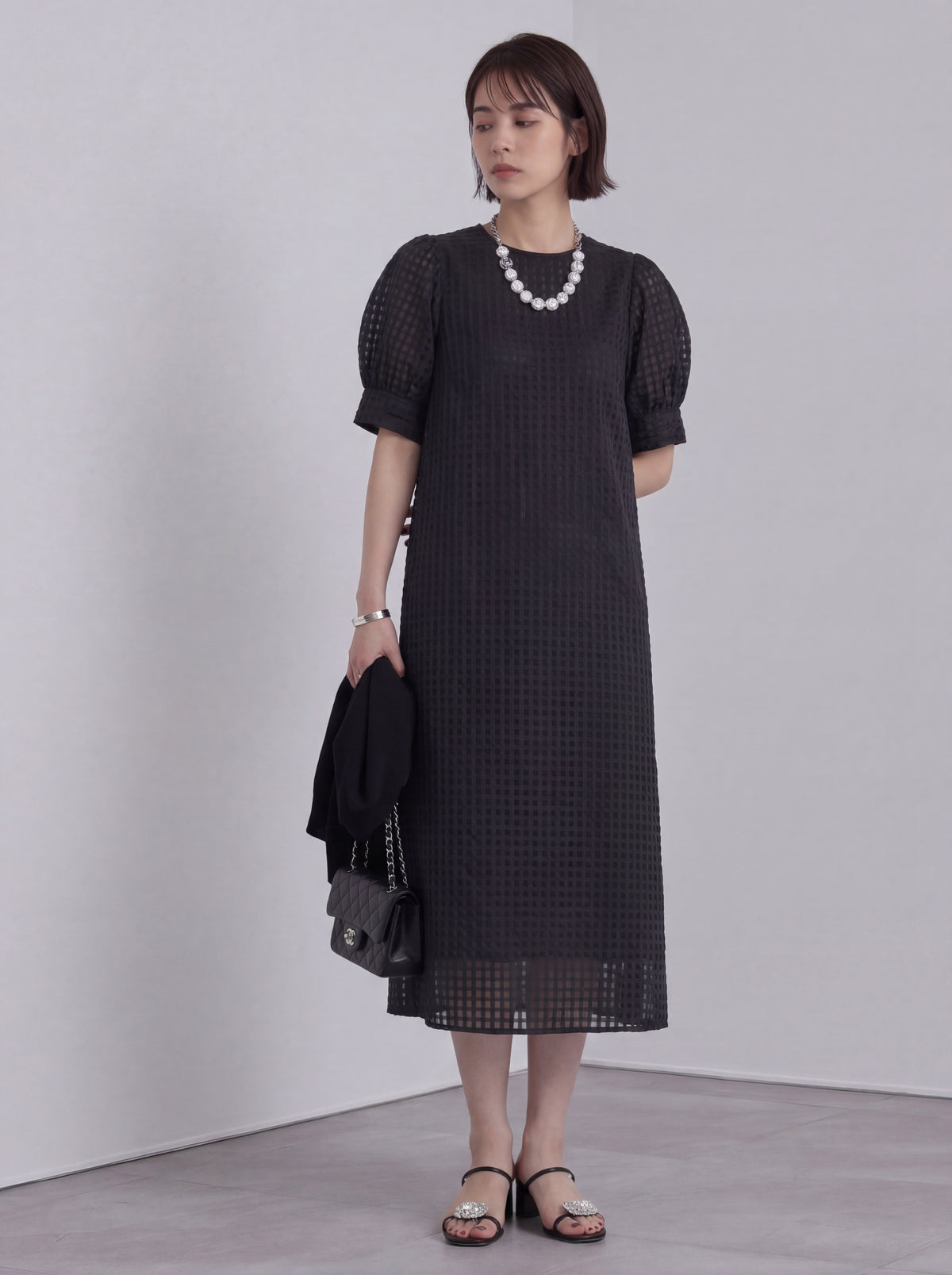 立体チェックテクスチャー パフスリーブ Iライン ロングワンピース