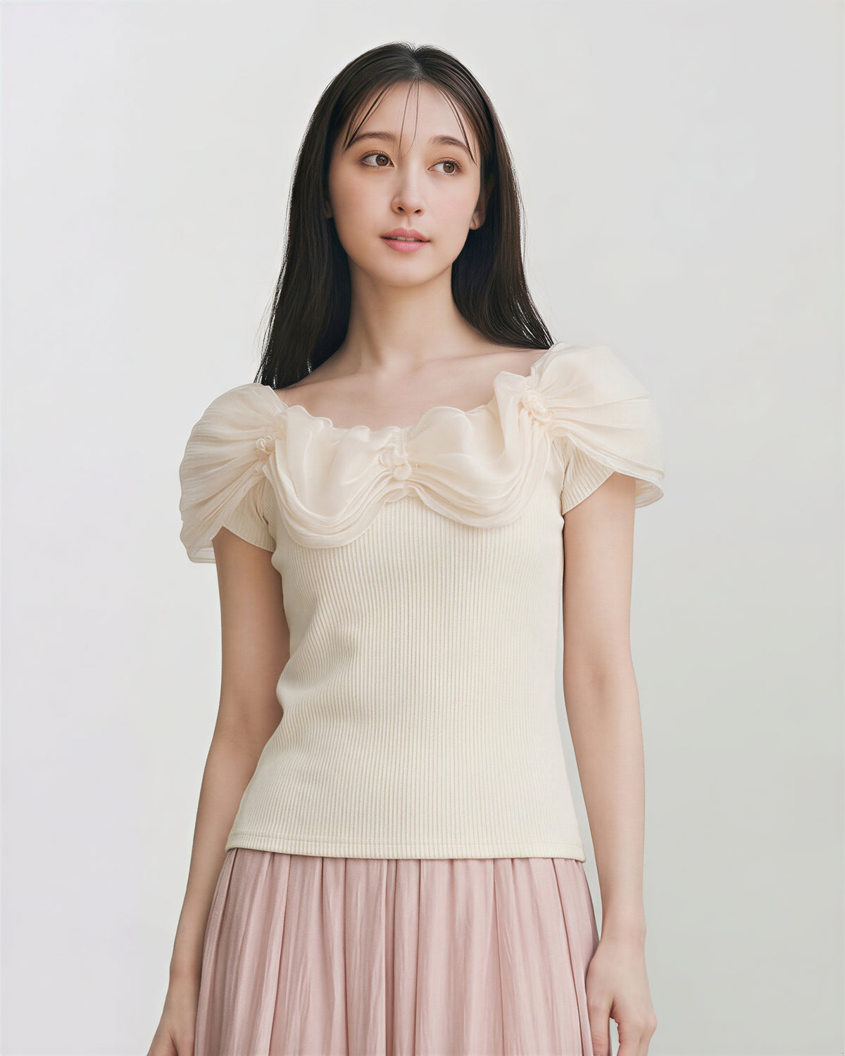 オフショルダー スクエアネック ギャザー パフスリーブ 半袖Tシャツ