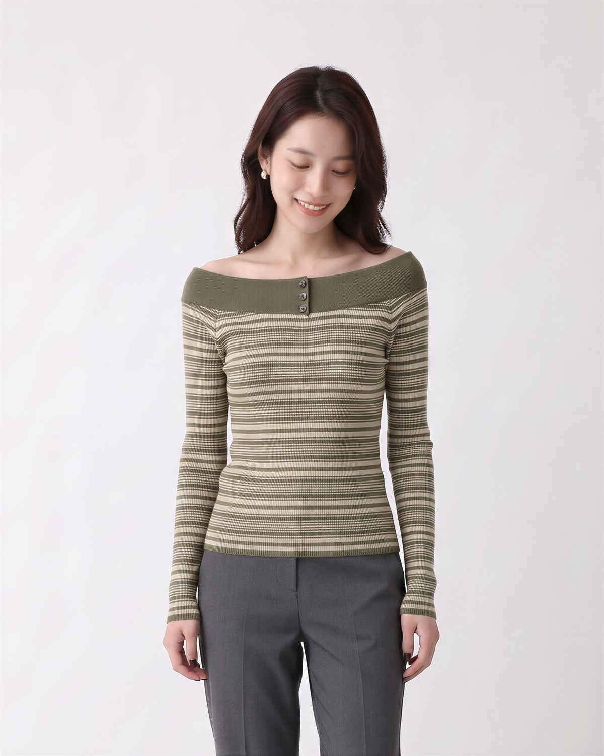 【秋新作】S~XL オフショルダー ボーダー スリムニットトップス