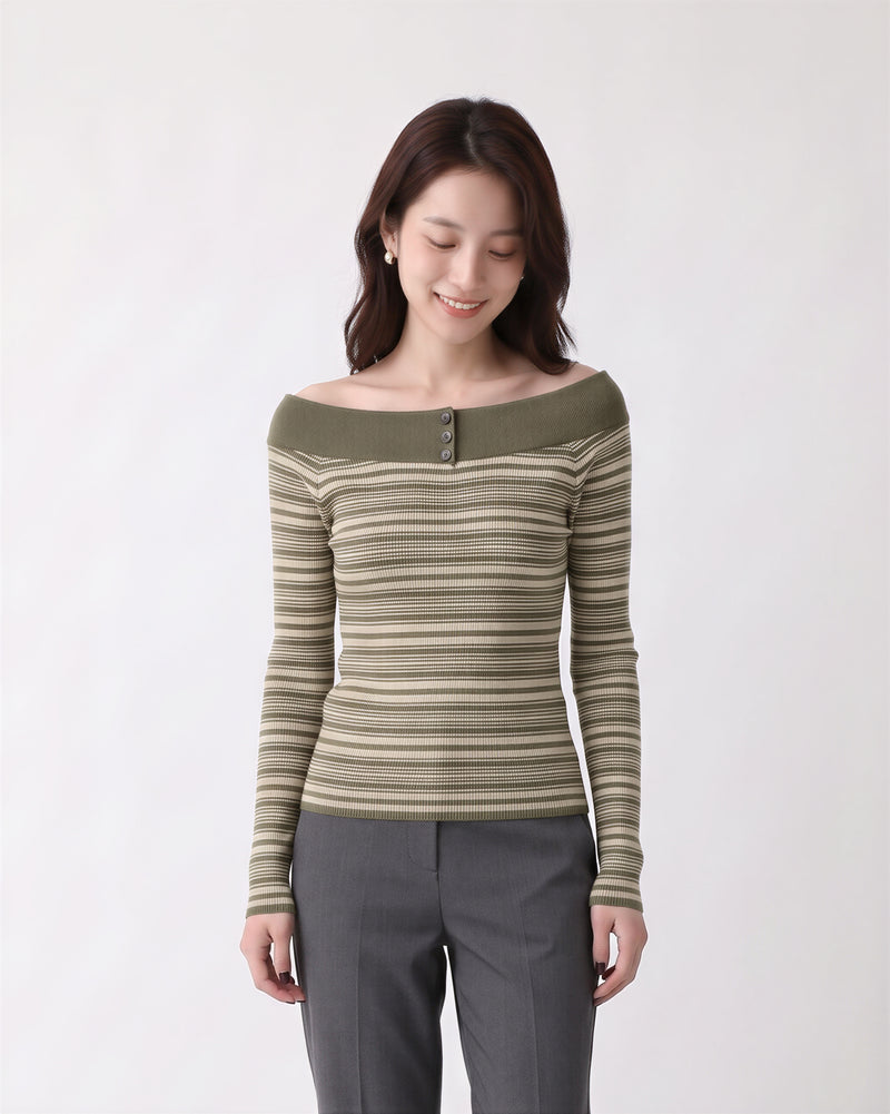 【秋新作】S~XL オフショルダー ボーダー スリムニットトップス