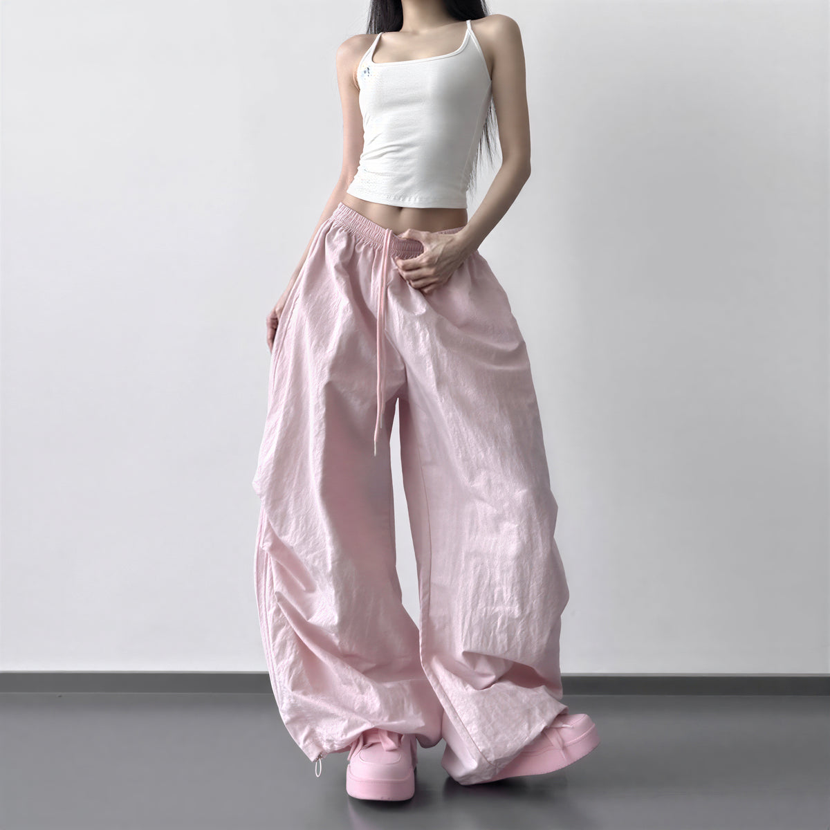 S-L ドローストリング付きウエストゴムワイドパンツ