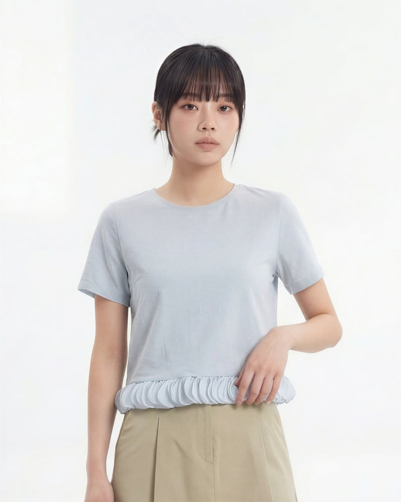 クルーネック ショート丈 ペプラム裾 背中あきリボン 半袖Tシャツ-サックス-M