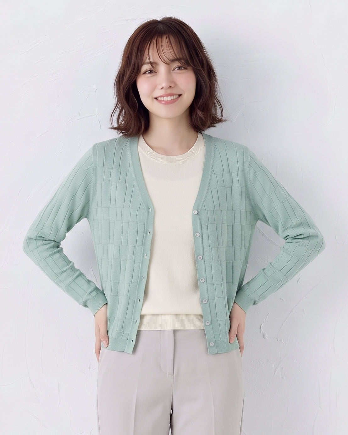 Vネック テクスチャー スリムニットカーディガン-ミント-2XL