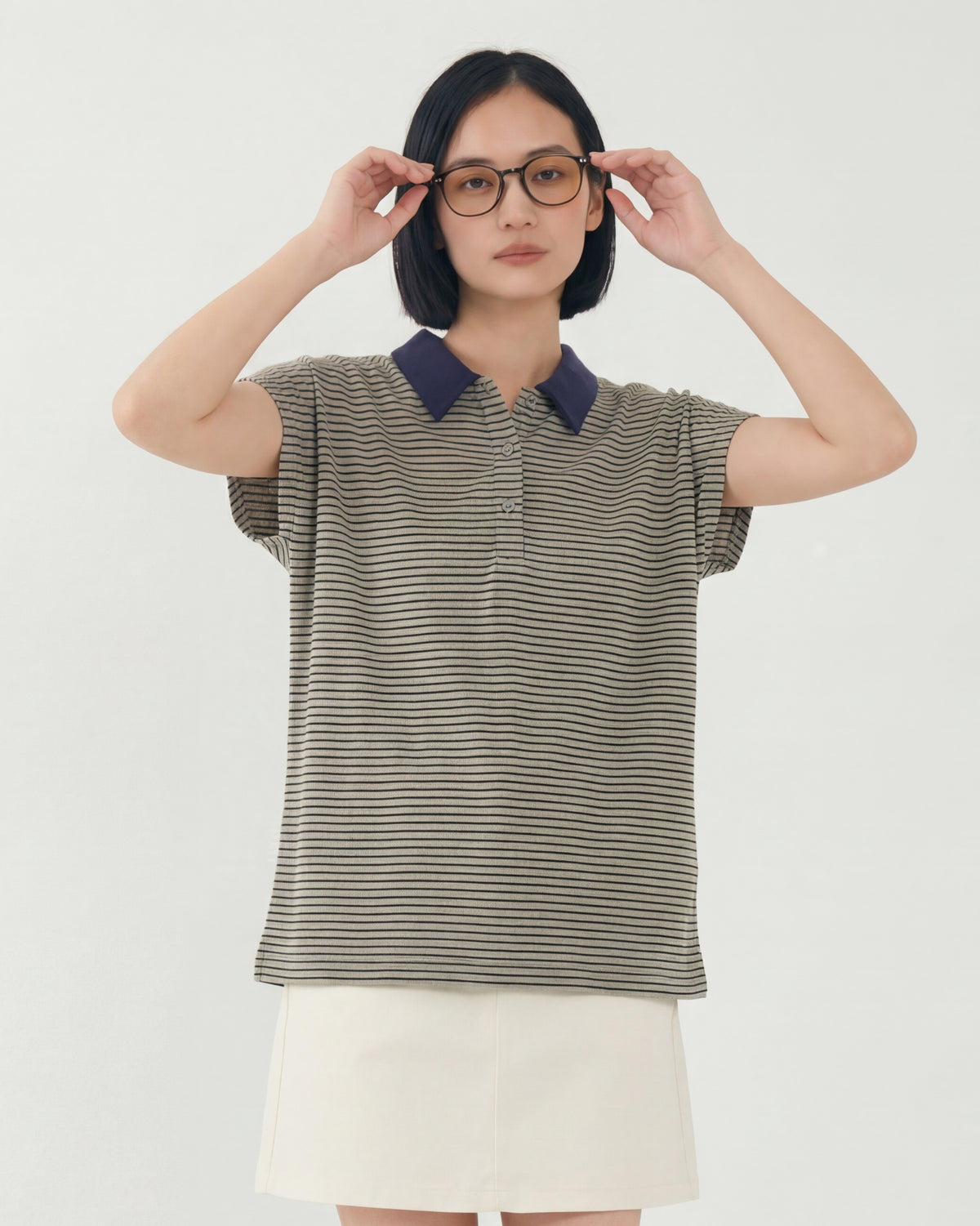 グリーン細ボーダー 襟付き 半袖Tシャツ