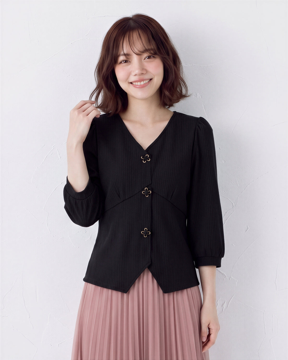 Vネック ウエストシェイプ イレギュラーヘムシャツ-ブラック-XL