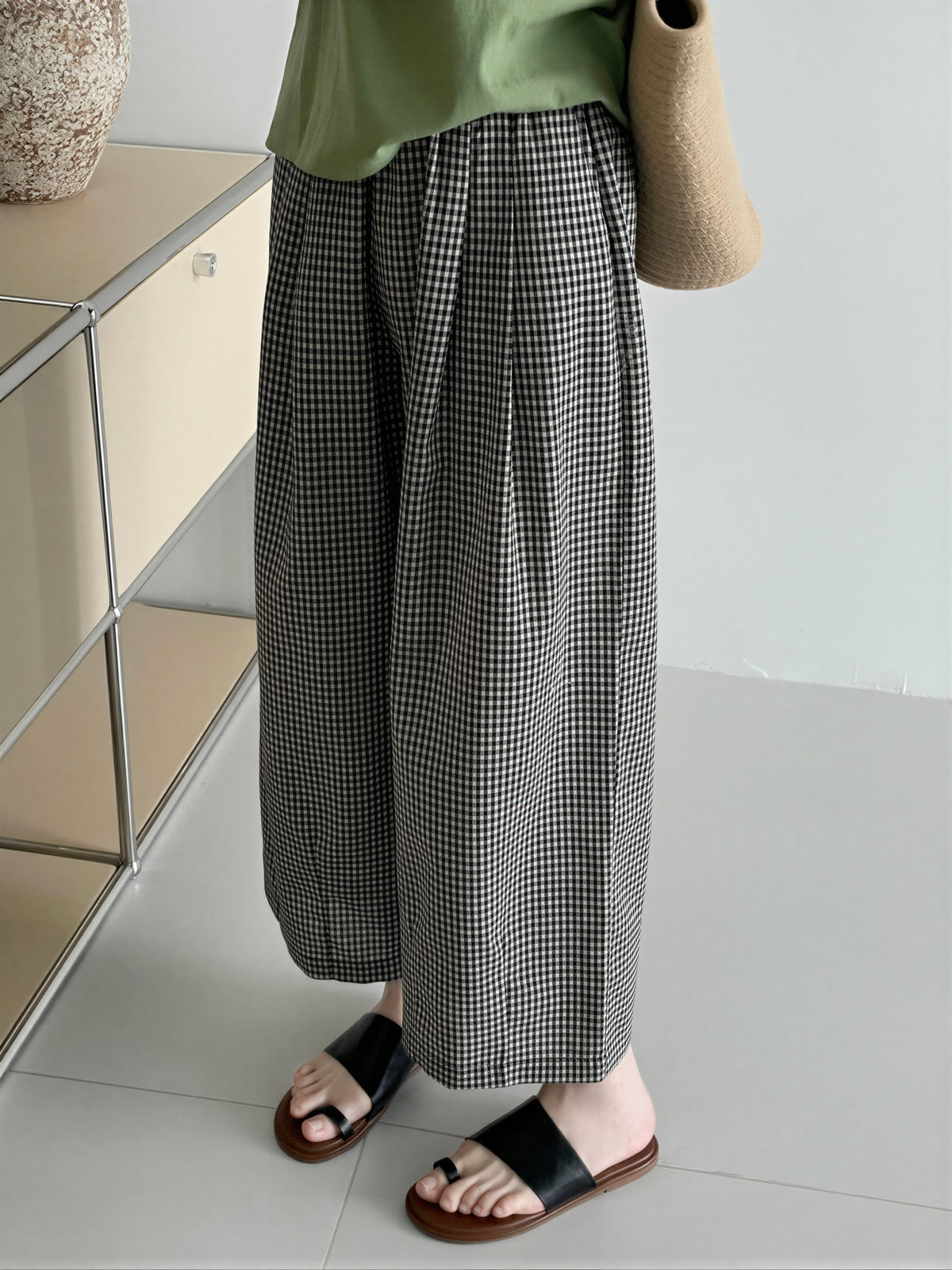 ハイウエスト チェック柄 ルーズワイドパンツ