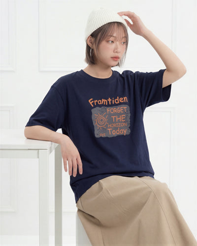 ネイビー ゆったり ドロップショルダー クルーネック プリント 半袖Tシャツ-ダークネイビー-3XL