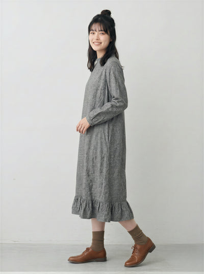 スタンドカラー×メローフリル ゆったりAライン フリルヘム 長袖ミモレ丈ワンピース