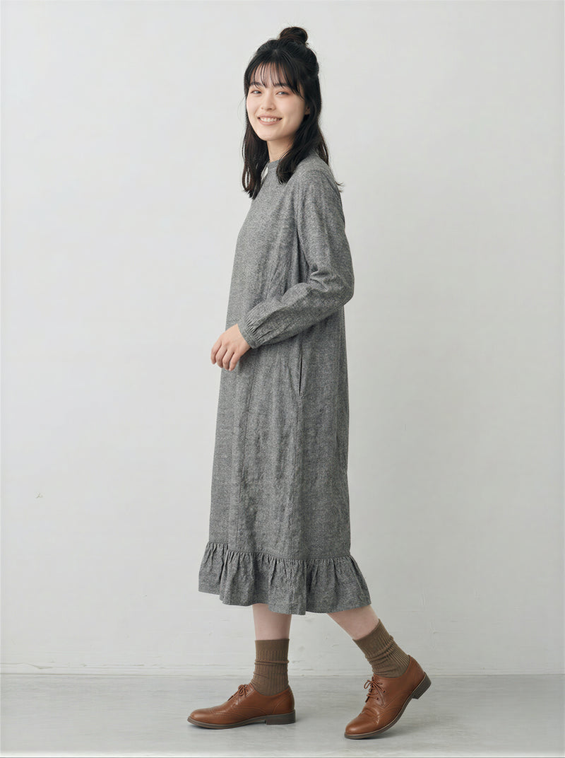 スタンドカラー×メローフリル ゆったりAライン フリルヘム 長袖ミモレ丈ワンピース