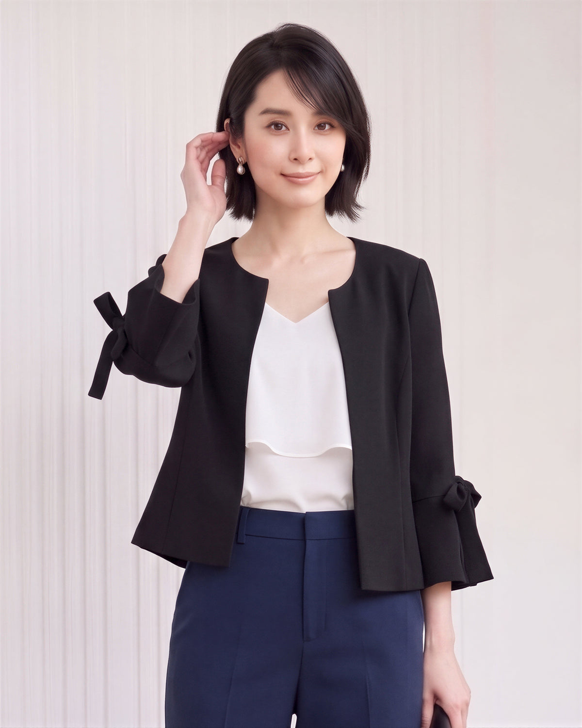 【秋新作】【全3色】S~2XL ラウンドネック フリルスリーブ リボン付き テーラードジャケット
