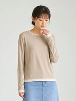 【秋新作】ラウンドネック レイヤード風 スリム見え フェイクツーピースTシャツ