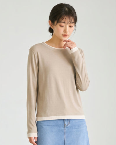 【秋新作】ラウンドネック レイヤード風 スリム見え フェイクツーピースTシャツ