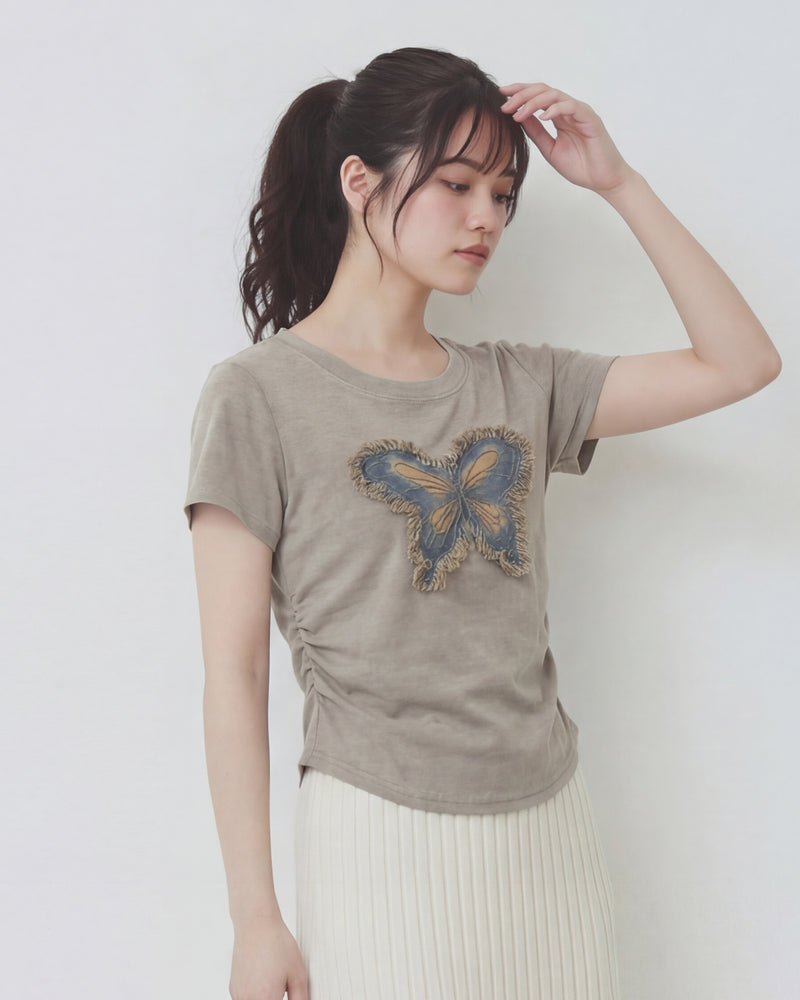バタフライ立体フリンジワッペン クルーネック半袖Tシャツ