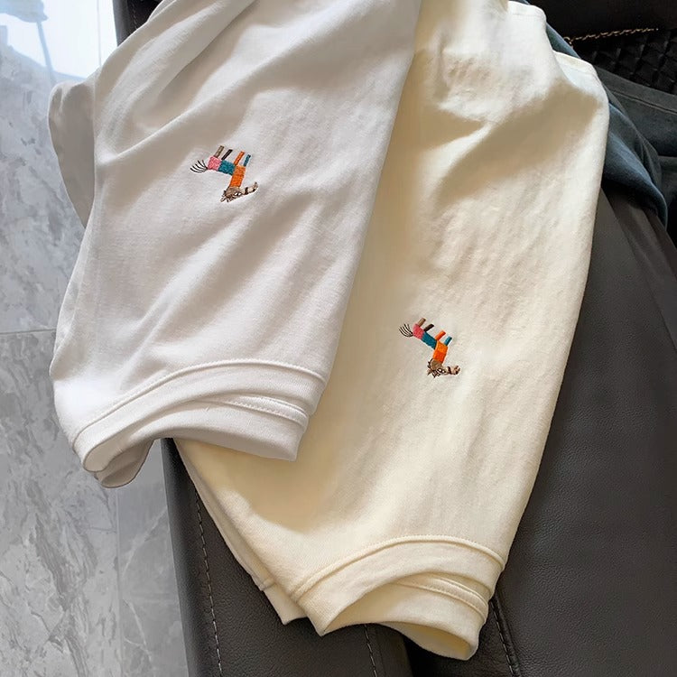 シンプル クルーネック ポニー刺繍Tシャツ