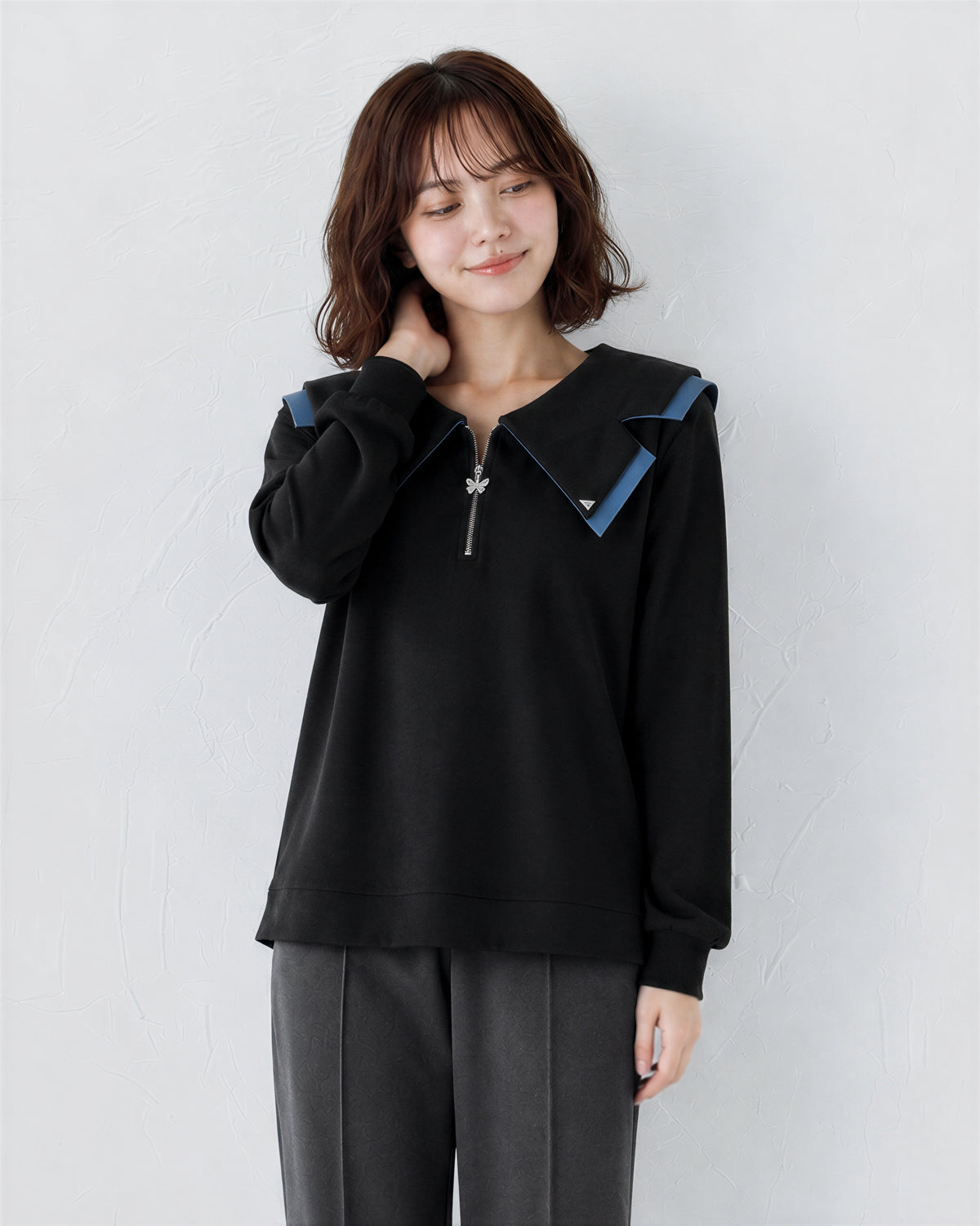 M~4XL ジップVネック フリル フェイクレイヤード スウェット