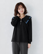 M~4XL ジップVネック フリル フェイクレイヤード スウェット