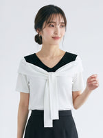 ドッキングVネック リボン付き フェイクレイヤード半袖Tシャツ-ホワイト-XL