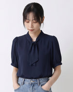 リボンタイ付き パフスリーブブラウス-ダークブルー-XL