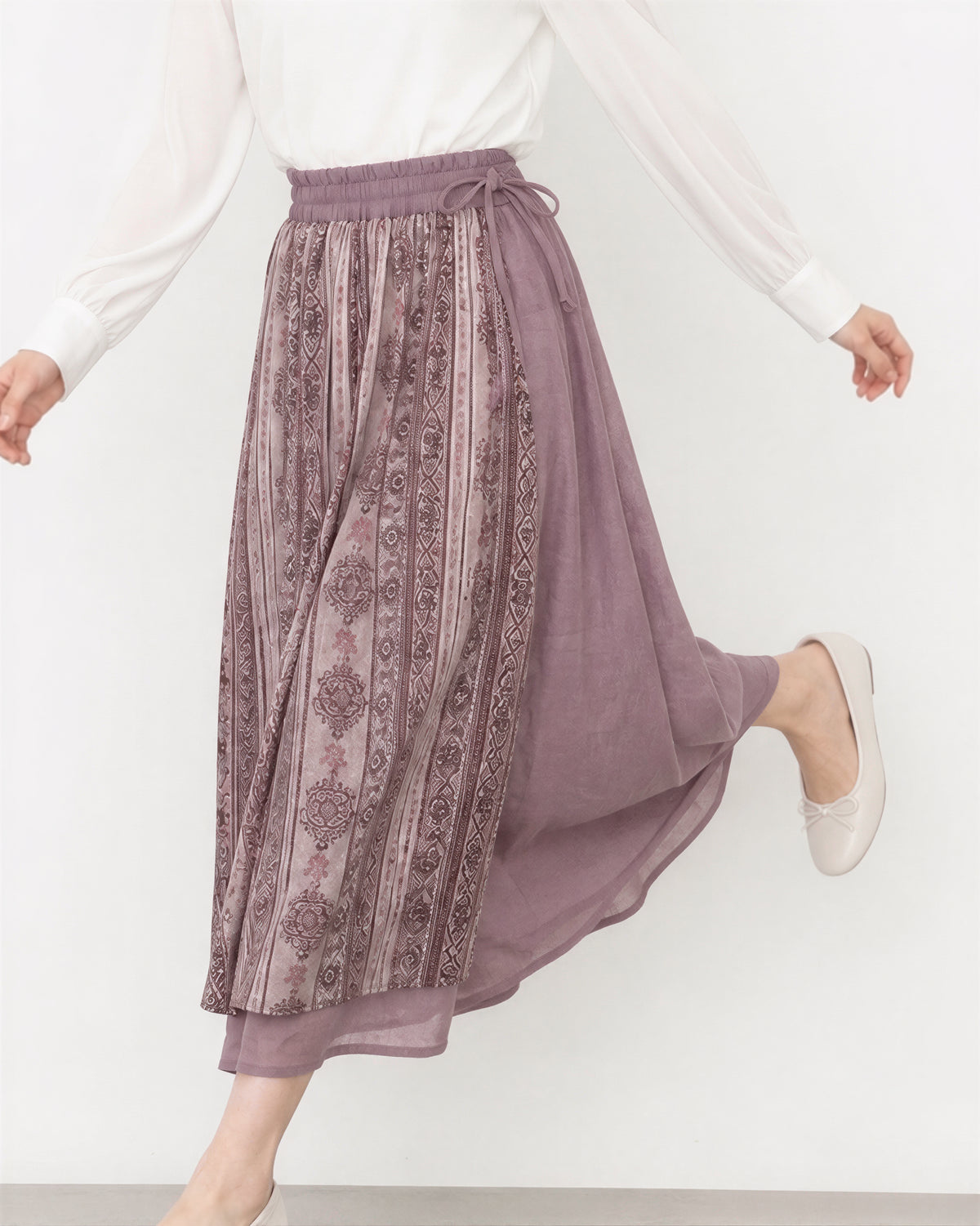 M~2XL パープル切り替えプリント エアリー ロングスカート