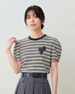 黒×白 細ボーダー ハートワッペン パフスリーブ 半袖Tシャツ
