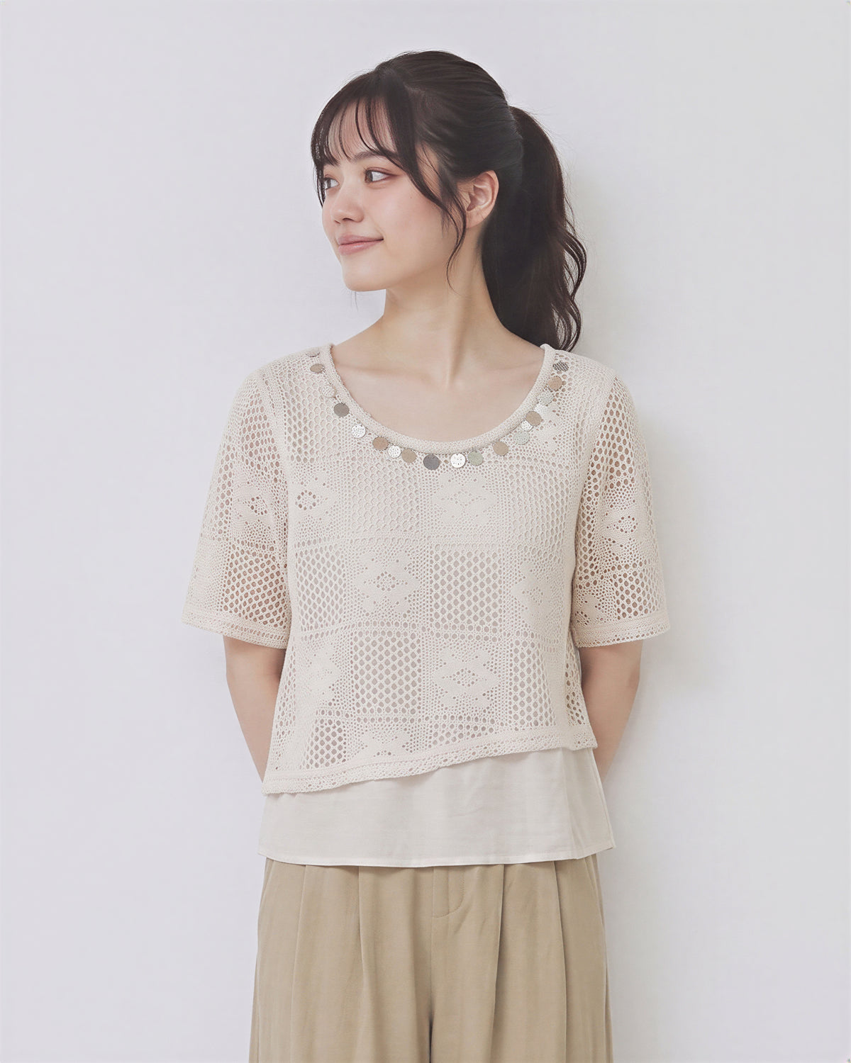 透かしレイヤード裾切り替えシャツ