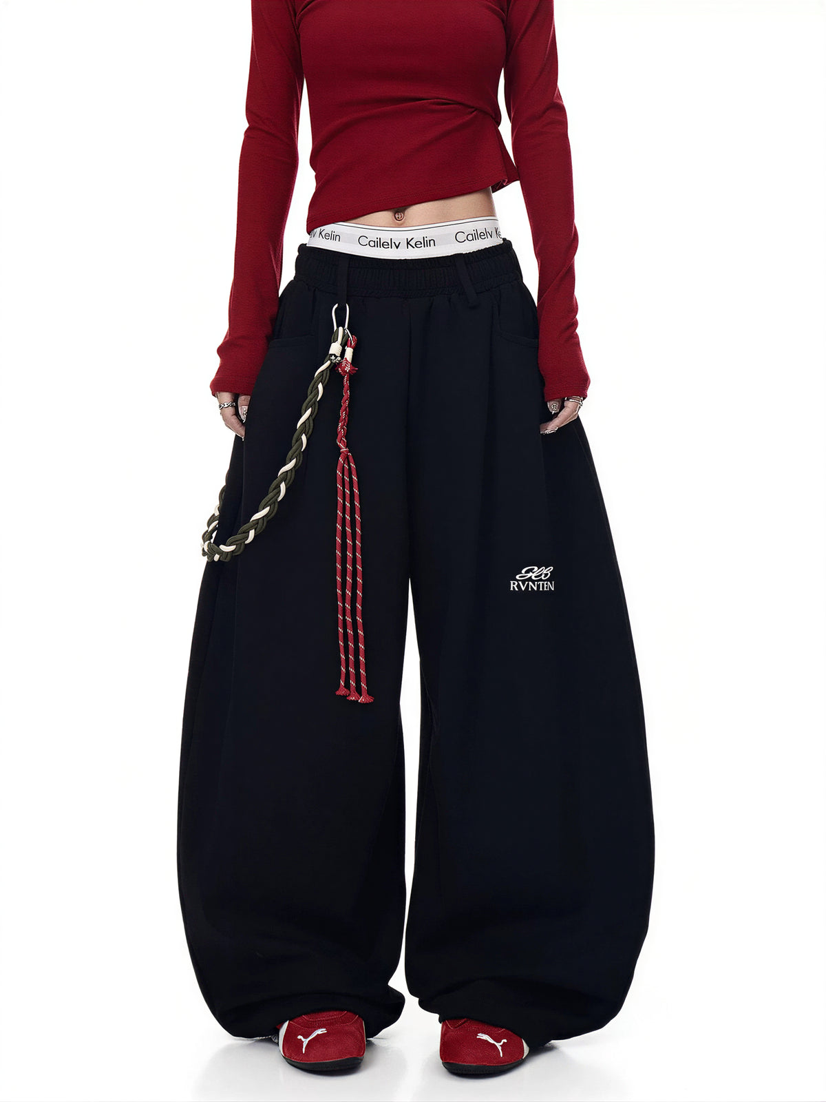 S-2XL ローウエスト チェーン付き ワイド スウェットパンツ