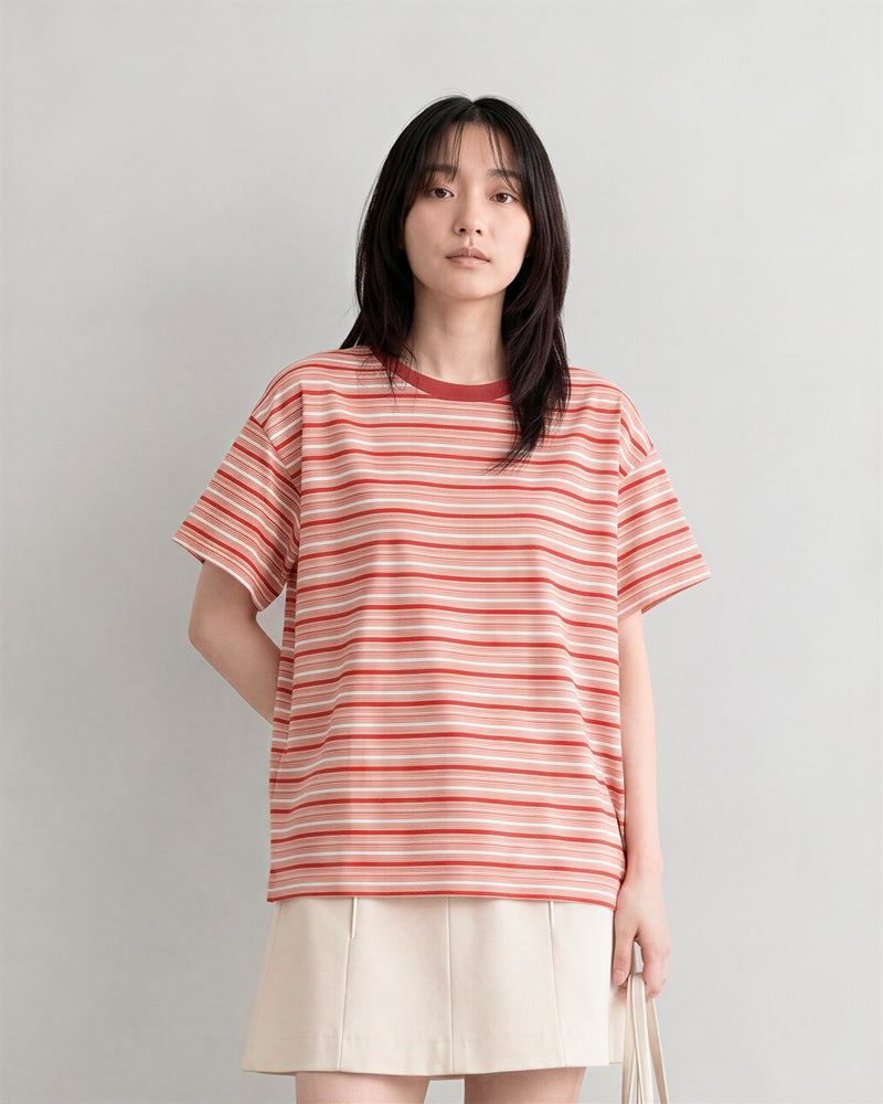 レッドボーダー ルーズ ドロップショルダーTシャツ-レッド-2XL