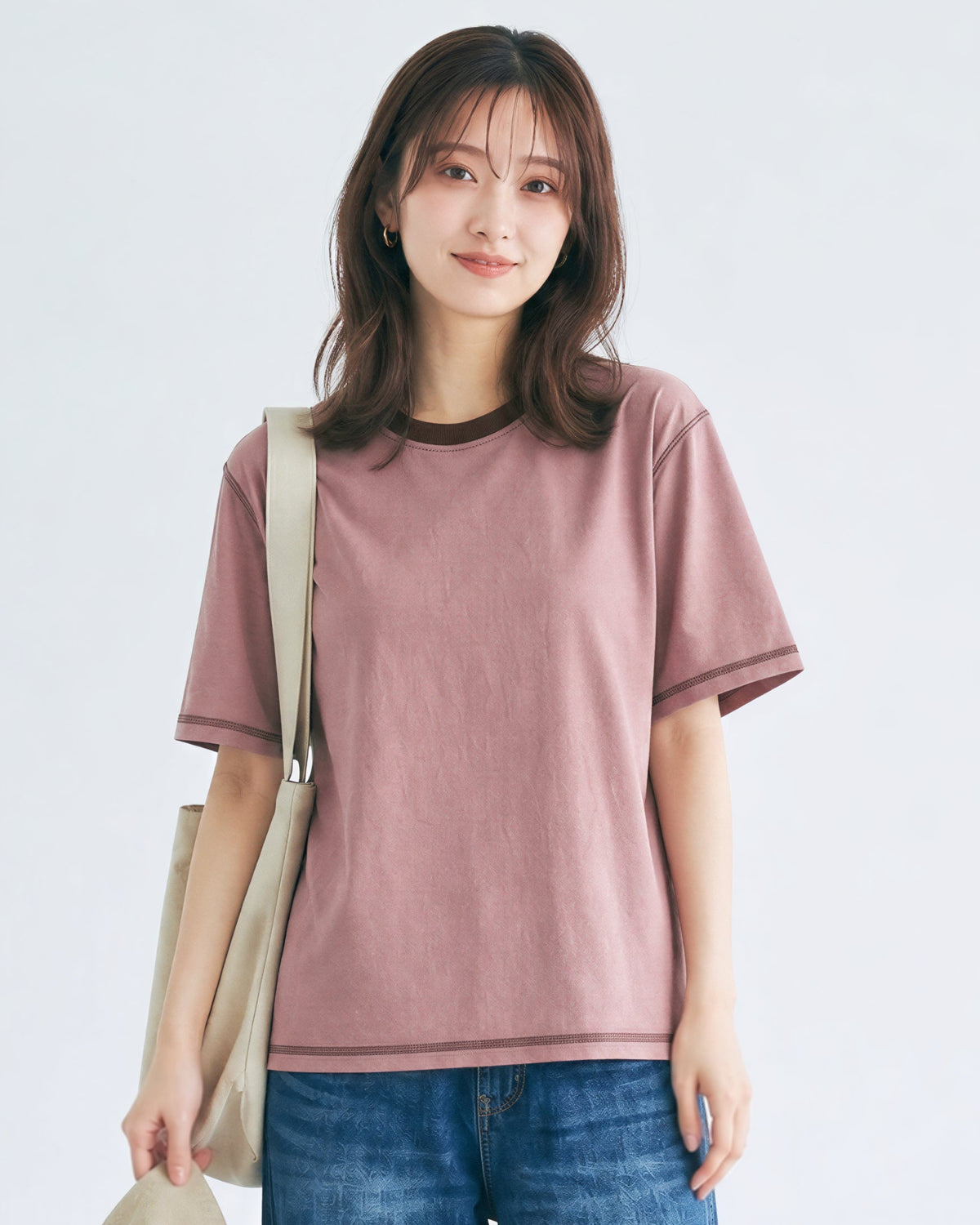 ゆったりストレート 配色トリムTシャツ-スモークピンク-XL