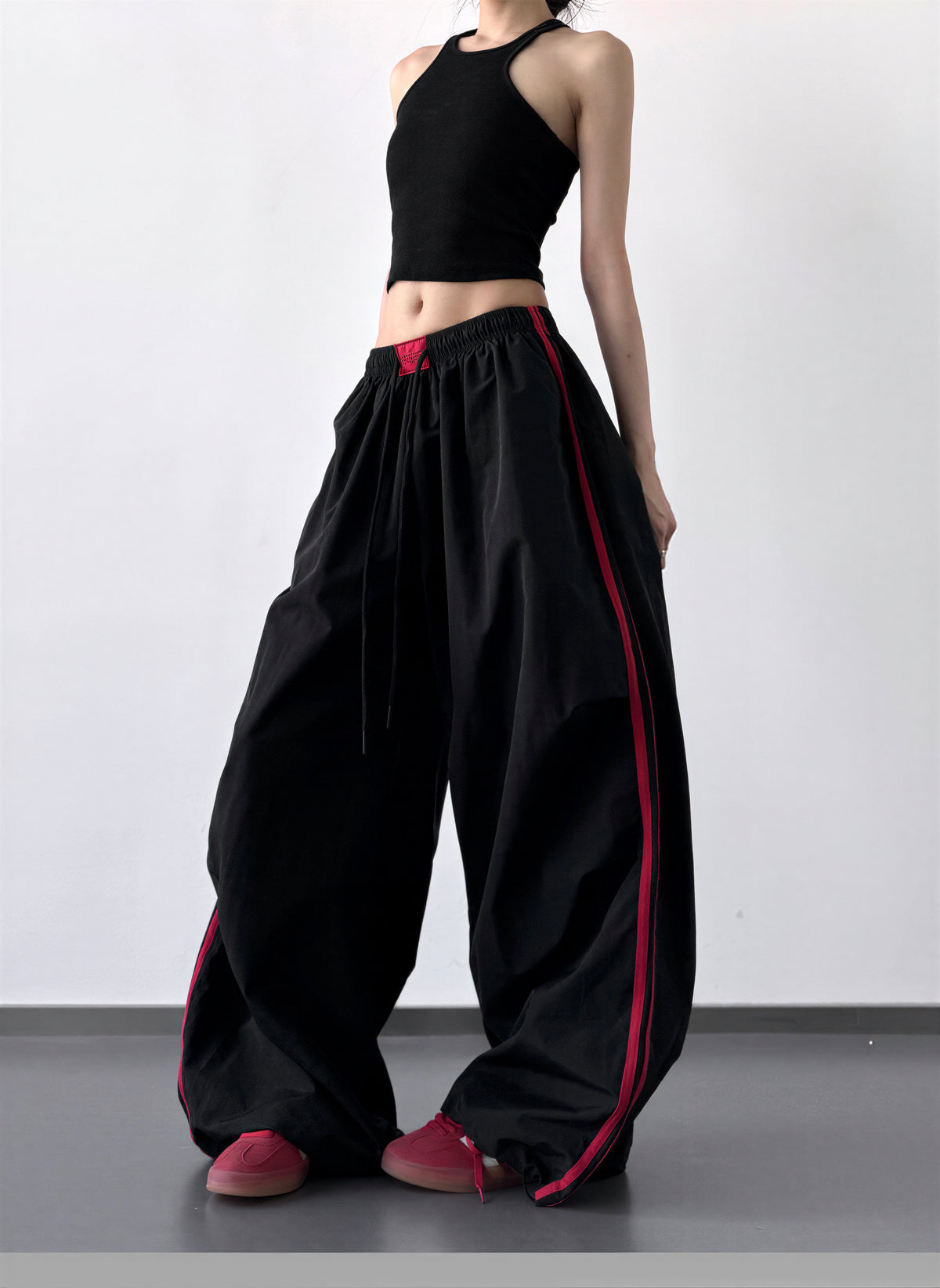 S-XL ドローストリング付きウエストゴム 配色ステッチワイドパンツ