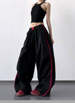 S-XL ドローストリング付きウエストゴム 配色ステッチワイドパンツ