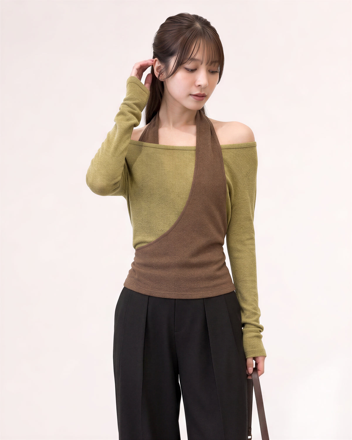 S-XL 斜めカット ホルターネック オフショルダー フェイクレイヤードTシャツ