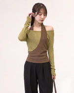 S-XL 斜めカット ホルターネック オフショルダー フェイクレイヤードTシャツ