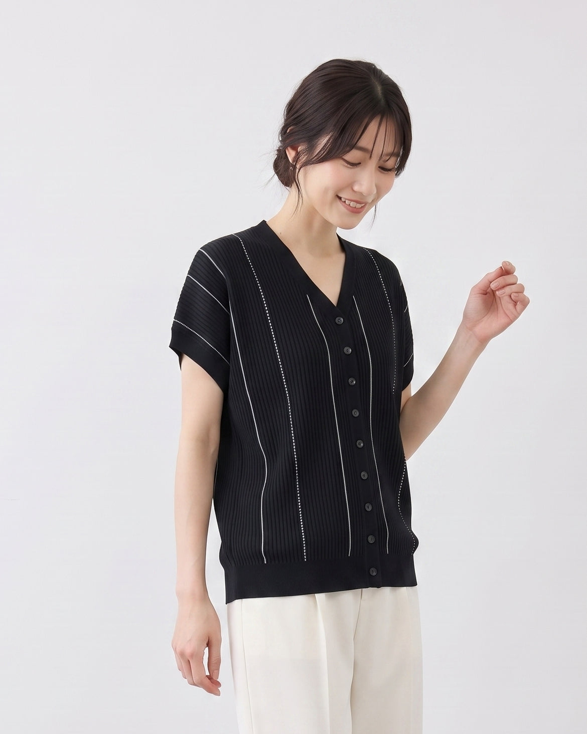 Vネック 縦ライン ゆったりカーディガン