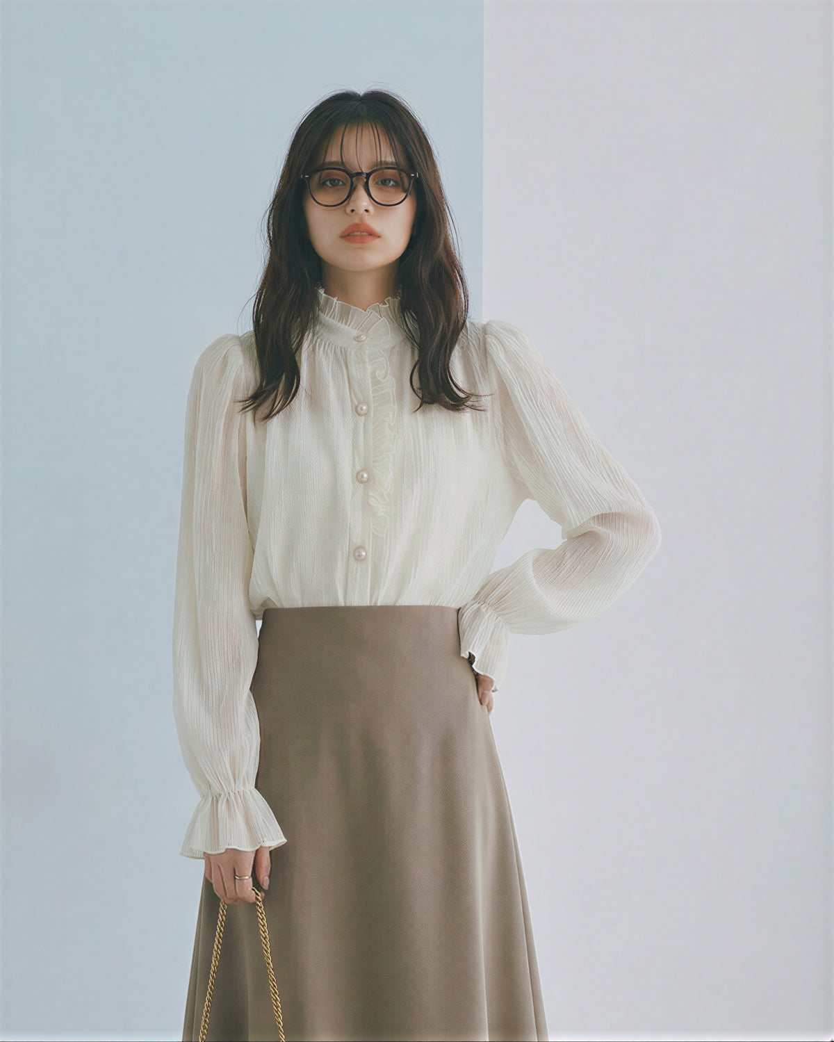 フリルスタンドカラー フロントフリル パフスリーブブラウス-アプリコット-XL