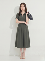 ハーフジップ襟付きウエストマークミモレ丈ワンピース