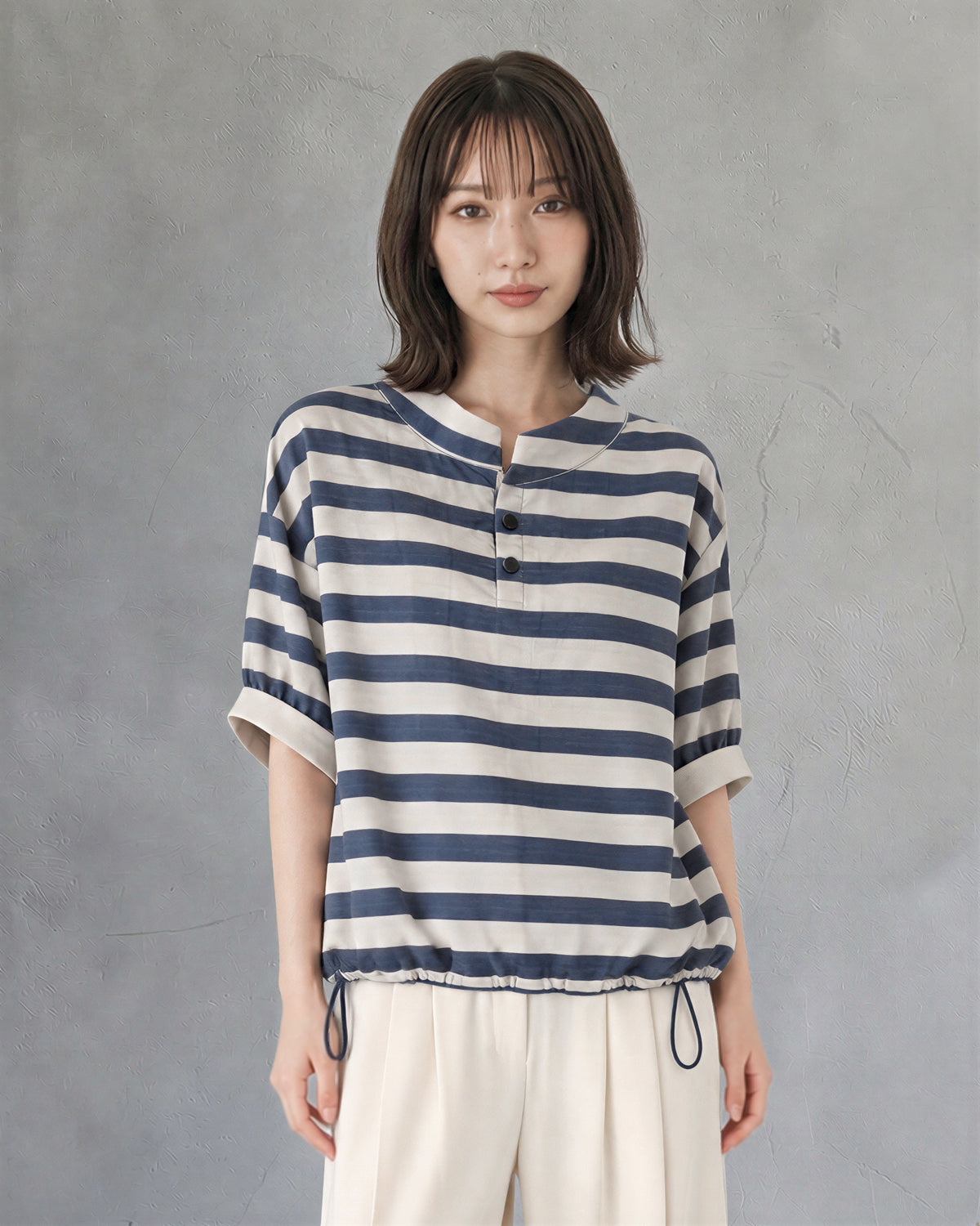 【秋新作】S-XL ボーダー スタンドカラー ドローストリング 半袖Tシャツ