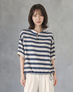 【秋新作】S-XL ボーダー スタンドカラー ドローストリング 半袖Tシャツ